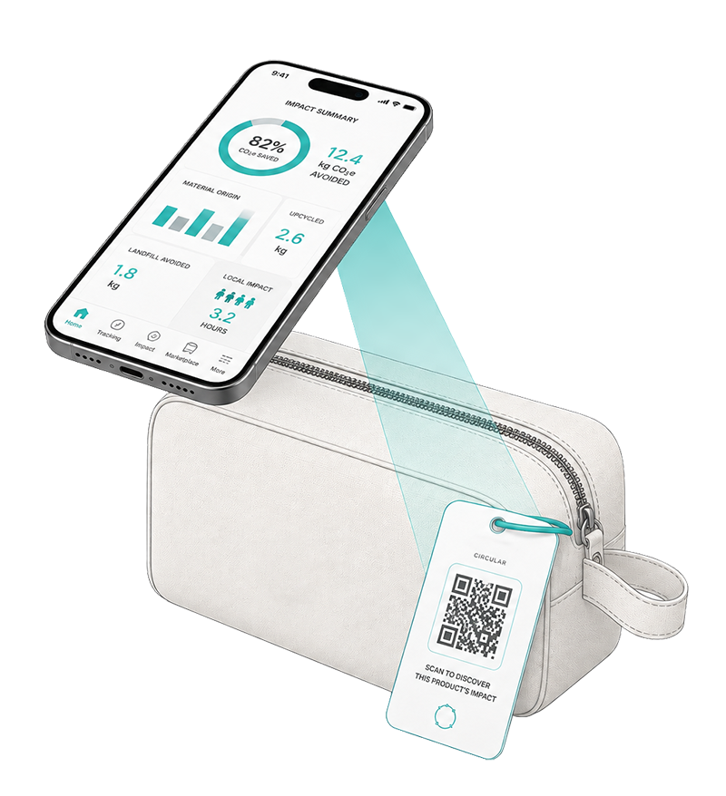 Digital Product Passport QR tag and verified product history on a mobile device